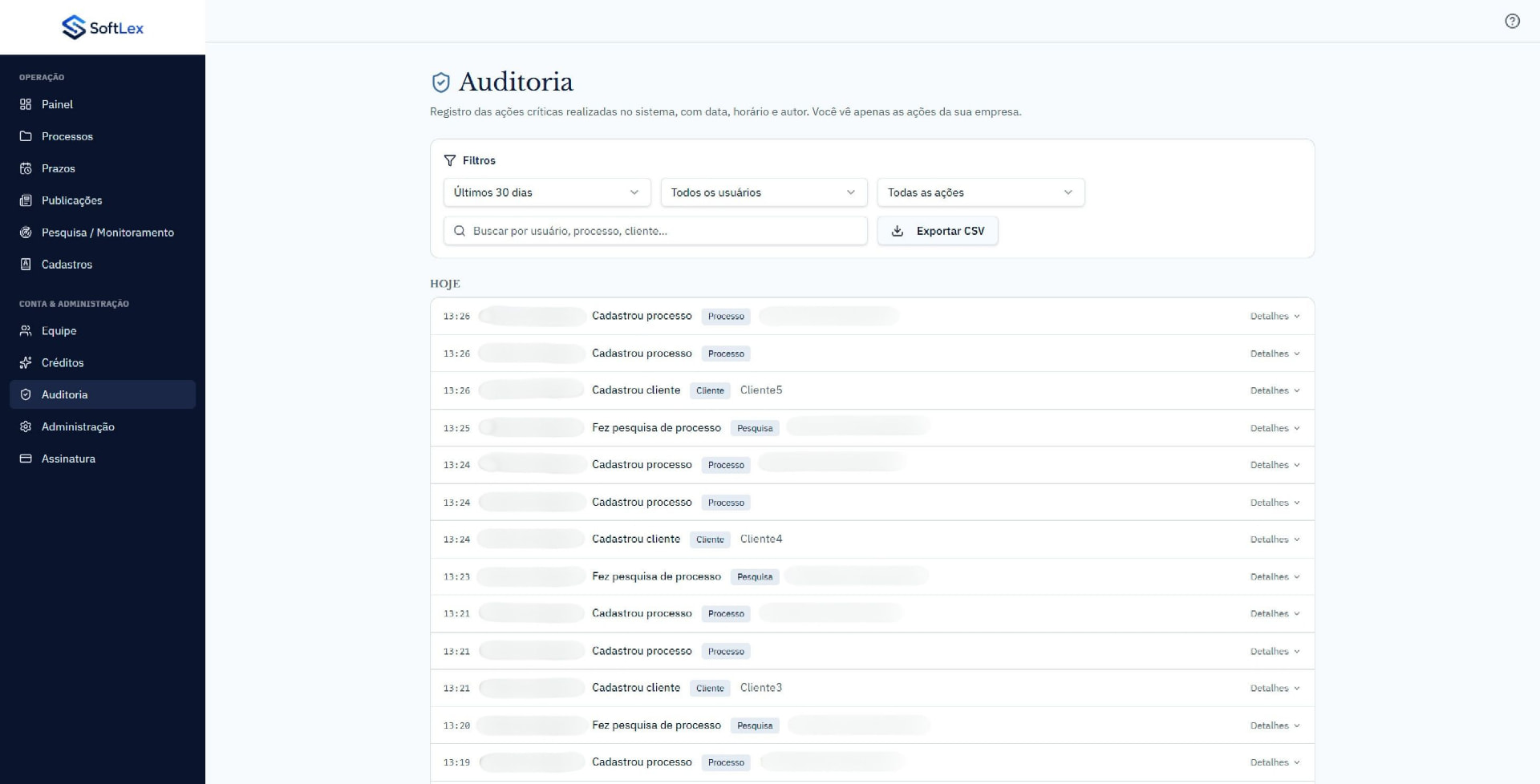 Tela de auditoria do SoftLex com o histórico de ações por usuário