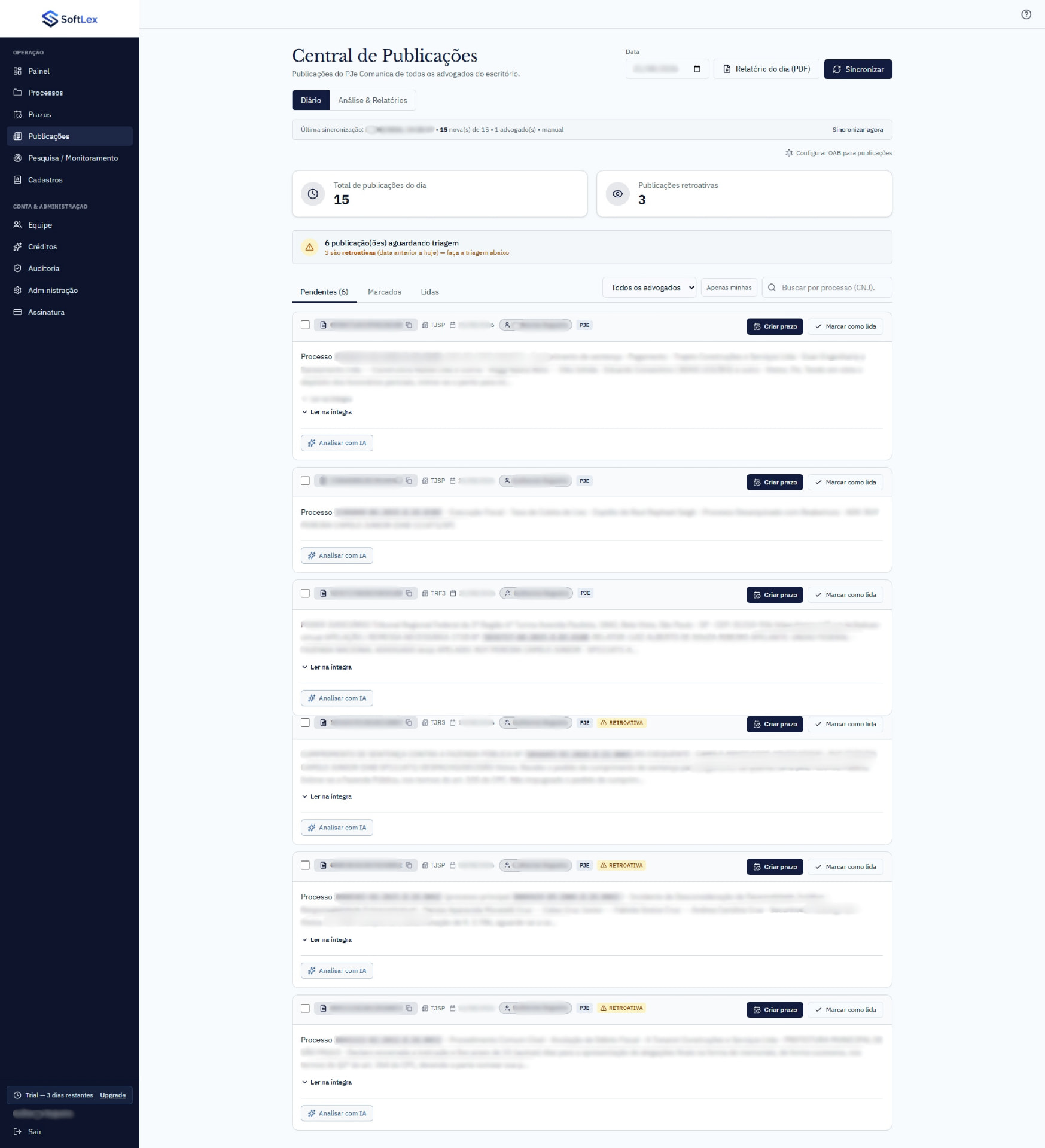 Tela da central de publicações do SoftLex com lista de publicações pendentes
