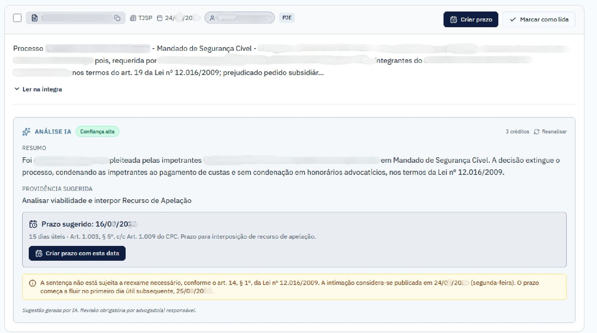 Exemplo de análise de publicação com IA no SoftLex, com prazo sugerido e fundamentação