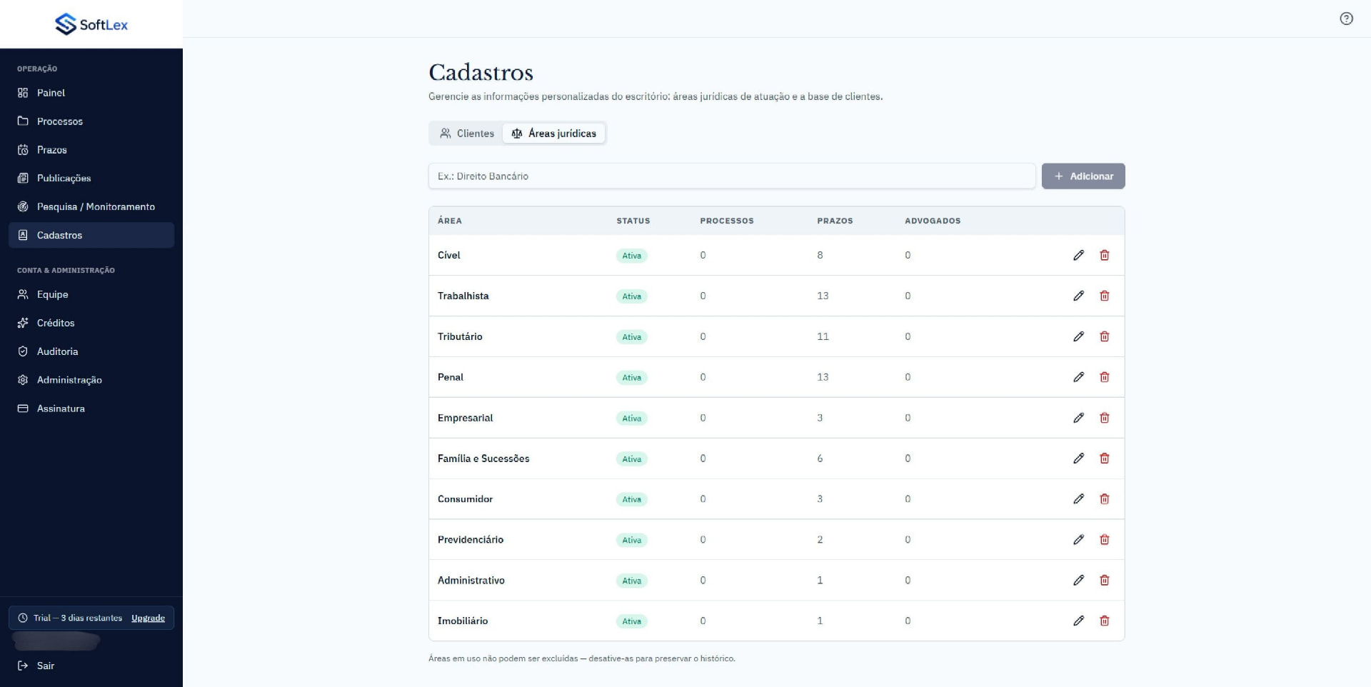 Tela de cadastros do SoftLex com a lista de áreas jurídicas