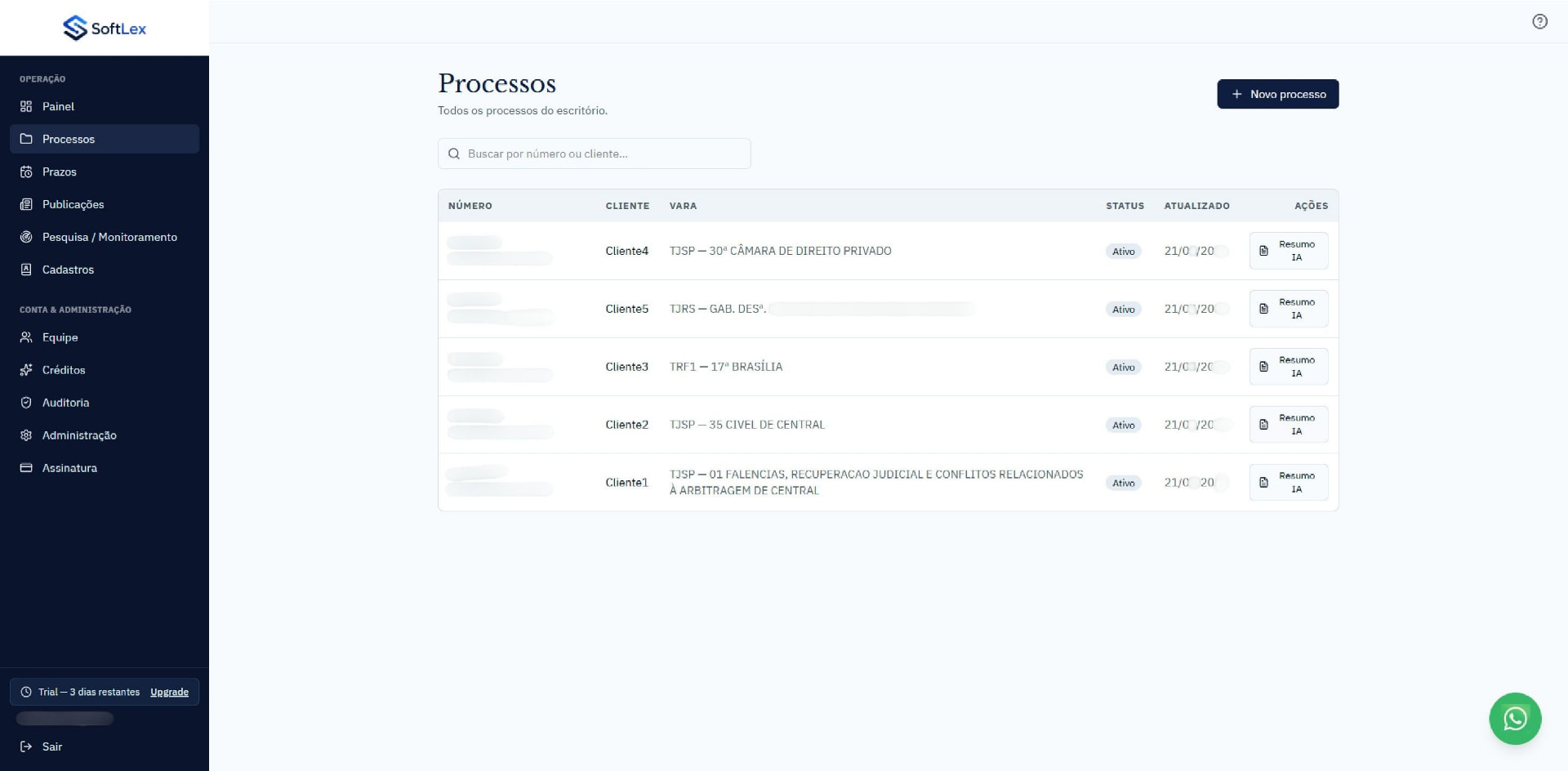 Tela de listagem de processos do SoftLex com botão de resumo por IA