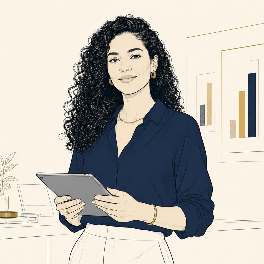 Ilustração editorial de uma coordenadora jurídica com tablet em ambiente corporativo