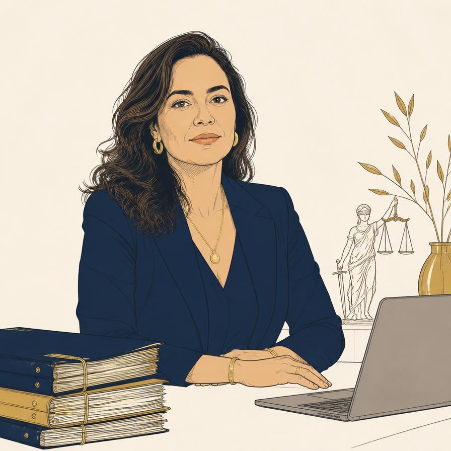 Ilustração editorial de uma advogada autônoma sentada à mesa com autos e notebook