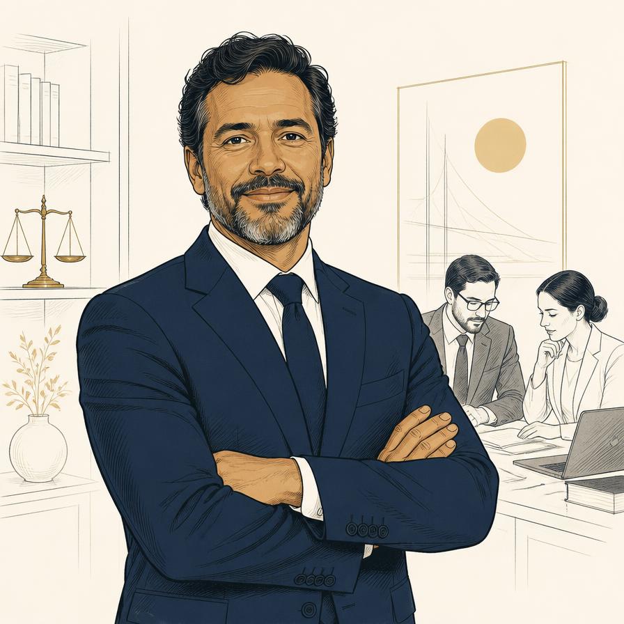 Ilustração editorial de um advogado sócio de escritório com a equipe ao fundo