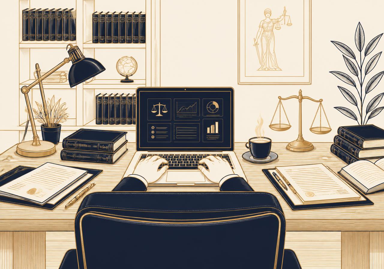 Ilustração editorial de um analista de TI trabalhando em um escritório de advocacia
