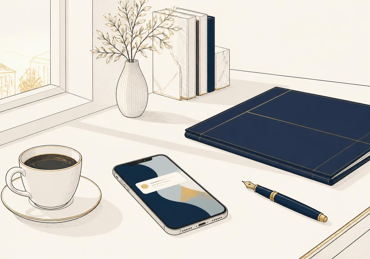 Ilustração editorial de uma mesa no início da manhã com café, celular exibindo um aviso e uma pasta de processo